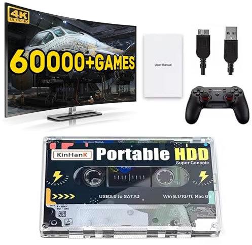320G HDD Portable External Game Console Cassette, Pocket Super Console with 60000+ Games, Retro Gaming Hard Drive Support 70 Emulators, Plug and Play Disk Game Stick T3 Video GamePad (With Controller)