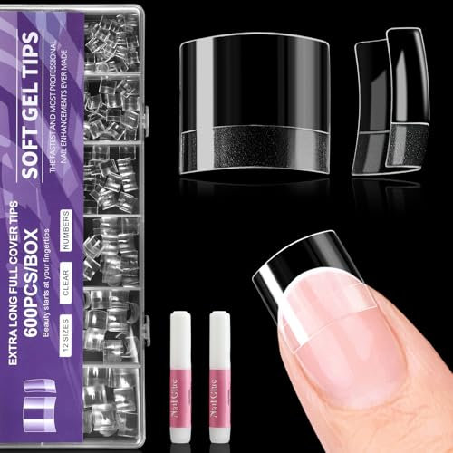 MELLIEX 600 Pezzi Unghie Finte Trasparenti Tip,12 Taglie Acriliche Mezza Copertura Tip In Gel con Colla per Saloni Manicure Uso Domestico(Quadrate)