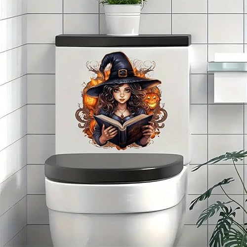 Halloween Witch Book Toilet Cover Sticker Decals,Fish Bird Flower Leaf Waterproof Toilet Lid Tank Seat Decals Cistern Self-Adhesive Bathroom Wall Sticker