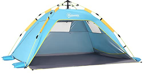 Outsunny Tenda da Spiaggia con Finestre Richiudibili e Porta a Cerniera, Tenda Istantanea in Poliestere e Fibra di Vetro, 220x173x120 cm, Blu Chiaro e Giallo