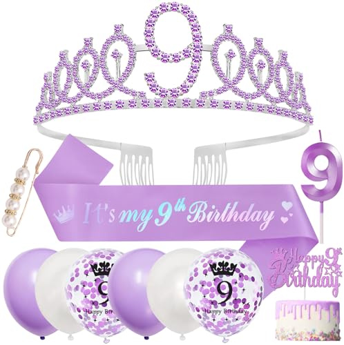 9th Birthday Decorations, 9th Birthday Sash and Tiara 9 Year Old Girls Gifts,Purple Crown Headband Sash,Balloons Cake Topper Candles Gifts for 9 Year Old for Girls