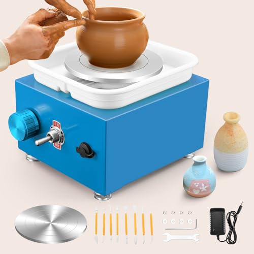 Electric Pottery Wheel, Ovshnrr 2 Plates Turntable 10/6.5cm Pottery Wheel, 2000RPM Adjustable Speed Mini Pottery Wheel with Shaping Tools for Pottery DIY, Pottery Teaching, Children and Beginner(Blue)