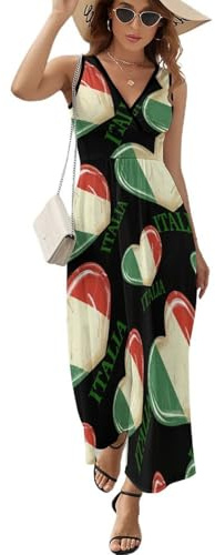 FJQWKLF Italia Flagge Italien Italienisches Herz Vintage Damen Ärmelloses Kleid Strand Sommerkleid V-Ausschnitt Langes Kleid Lässige Maxikleider Groß