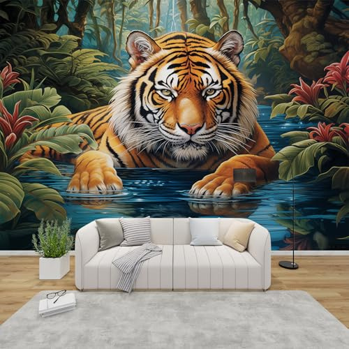 AevuCub Tiger Wallpaper for Living Room - Jungle Wall Murals for Bedrooms, Wild Animal Wall Art, Non-Woven Photo Wallpaper 3D Effect, 350x256 cm