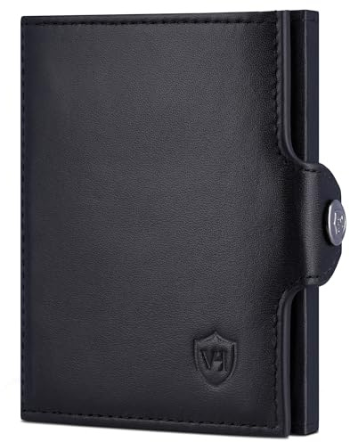 VON HEESEN Slim Wallet mit RFID Schutz - Geldbörse Herren klein - Mini Geldbeutel Damen Portmonee - Kartenetui Echtleder Karten Portemonnaie - Leder Kreditkartenetui (Schwarz Glatt)