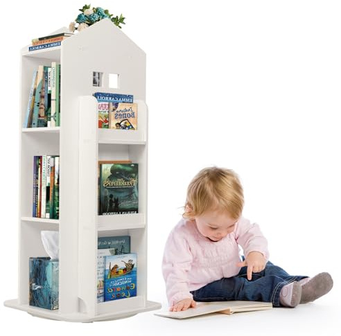 ybaymy 3-Tier Children's Rotating Bookcase, Wooden 360° Rotating Kids Bookshelf, Floor Standing Swivel Bookcase Revolving Corner Book Storage Rack for Playroom Study Room Living Room Bedroom(White) | Floor Standing Kids Swivel Bookcase, Revolving Corner Book Storage Rack for Playroom Study Room Living Room Bedroom(White)