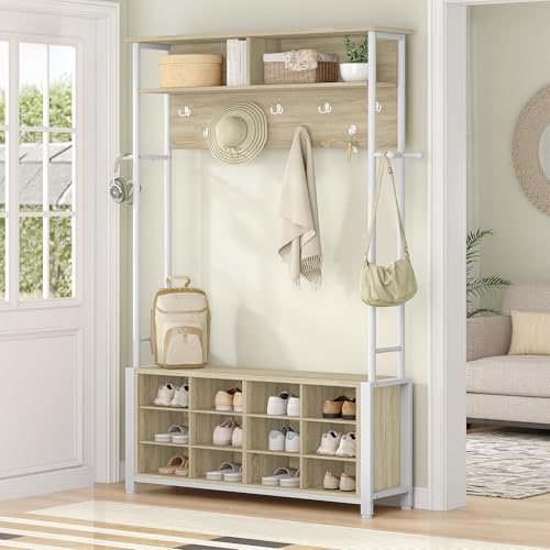 Hzuaneri Garderobenständer mit Schuhbank, Garderobe mit 13 Haken, 14 Offene Fächer, Verstellbare Regalböden, Kleiderständer für Flur, Eingangsbereich, 31 x 108 x 187 cm, Eichefarben-Weiß HT17916W