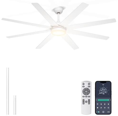 Phylluz 72'' White Large Ceiling Fan with Lights for Indoor/Covered Outdoor | Remote/APP Control, 3CCT Dimmable, Quiet DC Motor, Reversible Airflow, 8 Blades Modern Big Overhead Fan for Patio Living Room
