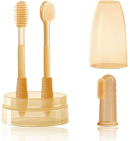 KIRZAX Kit de Cepillo de Dientes Bebé - Cuidado Oral para Bebés 0-18 Meses, incluye Cepillo de Dientes de Leche, Cepillo de Lengua, Cepillo de Dedo & Vaso 2-en-1, Set de Entrenamiento