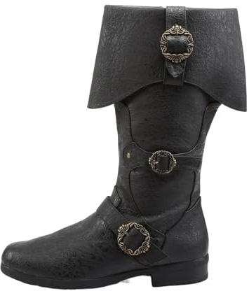 BIBOKAOKE Stivali medievali da uomo cavaliere in pizzo stivali da cowboy, stivali western, costume da pirata, stivali alti al ginocchio, stile retrò, in pelle PU, tacco basso, Stile P01 Nero, 43 EU