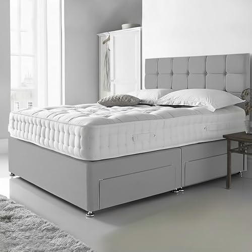 STONEGATE BEDS King Size Bed Set 5 FT with 10 Inch Orthocare Memory Mattress - Grey plush Divan Beds Set with Storage Drawers - 26 Inch Headboard with Chrome Glider Feet 5FT KingSize Bed - Grey plush