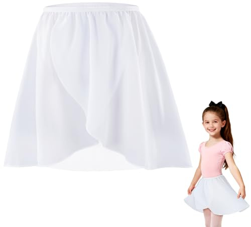 DiULi Falda de Danza Ballet para Niña, Falda Corta Gasa de Baile, Faldas Cruzada de Ballet, Faldas de Bailarina Niñas con Cintura Elástica para Patinaje Artístico, Gimnasia y Latino (Blanco - Talla M)