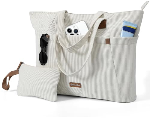 Sylvanthos Tasche Handtasche Damen, Cord Tote Bag Strandtasche mit Reißverschluss, 17 Zoll Laptoptasche Arbeitstasche, Große Shopper Tasche für Arbeit Reise Schule