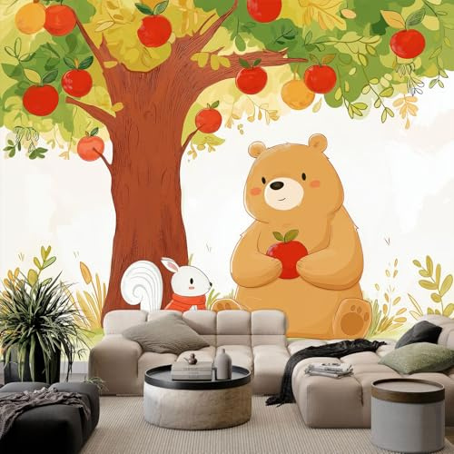 WHUOEUCO 3D Fototapete Comic-Bär Kaninchen Apfelbaum 400x280 cm Vliestapete XXL Wandtapete Modern Panorama Tapete für Wohnzimmer, Schlafzimmer, Kinderzimmer, Wanddekoration
