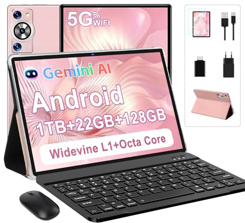 2026 Último Tablet 10 Pulgadas Android, 22GB RAM + 128GB ROM (TF 1TB), Octa-Core 2.0GHz, 5G WiFi, GMS, Widevine L1, 5MP+8MP, 1280*800 Pixels, Bluetooth 5.0, Tableta con Funda, Ratón & Teclado - Dorado