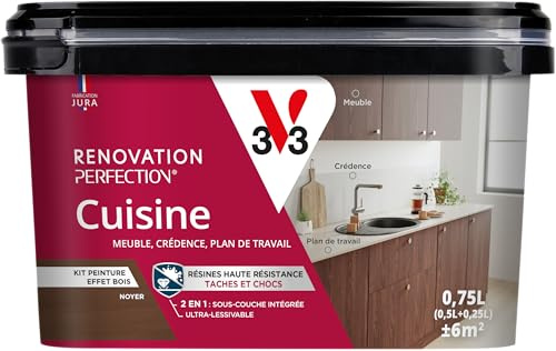 V33 Peinture Rénovation Perfection® Cuisine Effet Bois Noyer - 750ml | Haute Résistance taches et Chocs - Ultra-Lessivable - Meuble - Crédence - Plan de travail