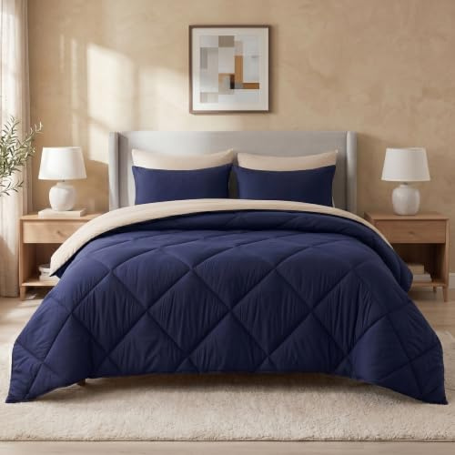 SLEEP COMFY Wendedecke 240x220 cm Navy & Sand mit 2 Kissenbezügen 60x70 cm, Bettdecke ohne Bezug, atmungsaktiv & antiallergisch, Stil Komfort Innovation für Alltag & Nacht, Camping & Caravan