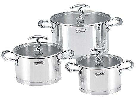 HAUSSMANN heritage- 6 Piéces Marmite/Faitouts en acier inox avec couvercles en verre-20/22/24cm-Haute Qualité - tous feux dont Induction - HM0621
