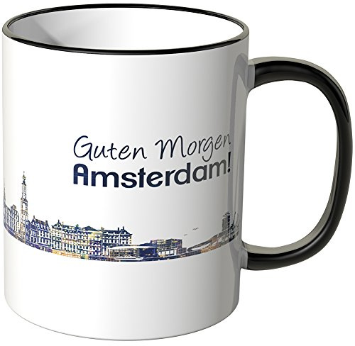WANDKINGS® Tasse, Schriftzug Guten Morgen Amsterdam! mit Skyline bei Nacht - SCHWARZ
