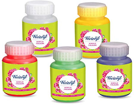 PIDILITE Fevicryl Acrylic Colours 100ml Set of 5 Primary Shades for Metal, Glass, Fabric, Wood, Wall and Canvas Painting Coral Red; Dark Green; Prussian Blue; Golden Yellow and White
