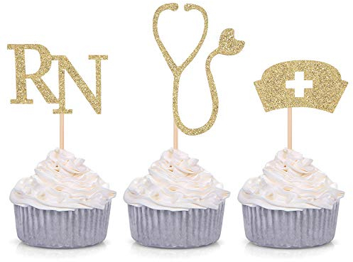 Medical Theme Cupcake Toppers Nursing Nurse School Graduation Party Decorations - Gold