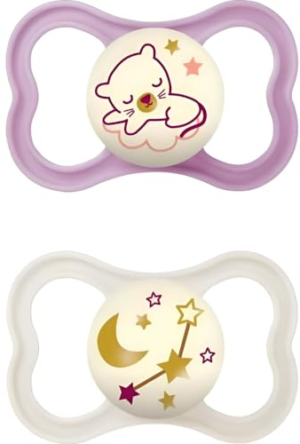 MAM Air Night Ciuccio Luminoso in Set da 2, in Silicone con Custodia Porta Succhietto, 6-16 Mesi, Rosa