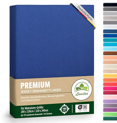 leevitex® Premium Wasserbett & Boxspringbett Spannbettlaken | Spannbetttuch | 200 x 220 bis 220 x 240 | 97% Mako-Jersey-Baumwolle | 3% Elastan | Royalblau/Königsblau | 195 g/m²