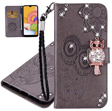 IMEIKONST Geprägt Case für Samsung A51 Hülle Eule Funkelnd Gems Diamanten Brieftasche Kartenfächern PU Leder Magnetic Ständer Schutzhülle Handyhülle für Samsung Galaxy A51 Owl Grey YK