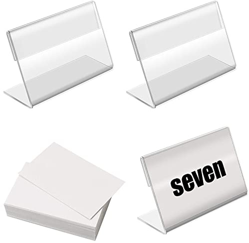 BILLIOTEAM Lot de 50 mini présentoirs transparents avec étiquettes vierges, 8,1 x 5,6 cm horizontalement incliné en forme de L en plastique pour nom, carte de prix, étiquette, comptoir