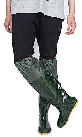 QTDZ Stivali Pesca Impermeabili, Stivali in Gomma Antiscivolo Leggera in PVC/Nylon con Restringimento Elastico, Pantaloni Trampolieri Spessi E Super Alti Taglia 35-45 per Uomo Donna,Verde,43 EU