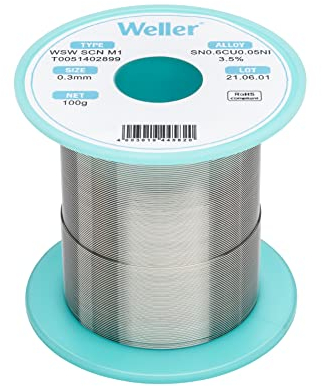 Weller WSW SCN M1 (T0051402899) Alambre De Soldadura Sin Plomo, Ø 0,3 Mm, Aleación Sn99.3Cu0.6Ni0.05, Contenido De Fundente 3.5%, 100g