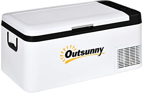 Outsunny 12V Car Refrigerator w/LED Light & Foldable Handles, 18L Portable Compressor Cooler, Fridge Freezer with 12/24V DC and 110-240V AC for Campervan RV Boat Travel
