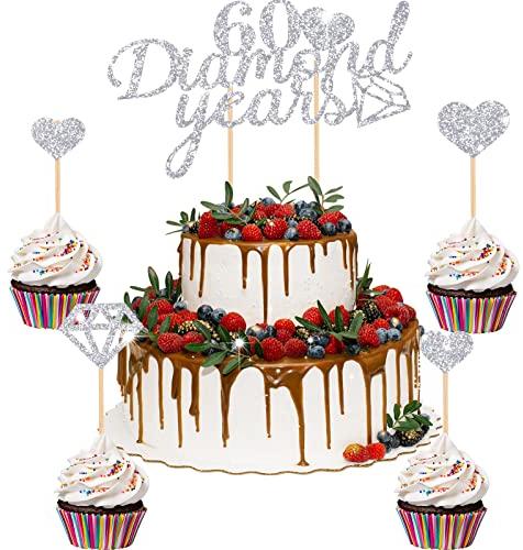 13 Stücke 60 Diamond Years Cake Topper 60. Hochzeit Kuchendeckel Herz Jubiläums Tortendeko Torten Kuchen Kuchendeko Diamantenes Jubiläum Dekoration für Geburtstag