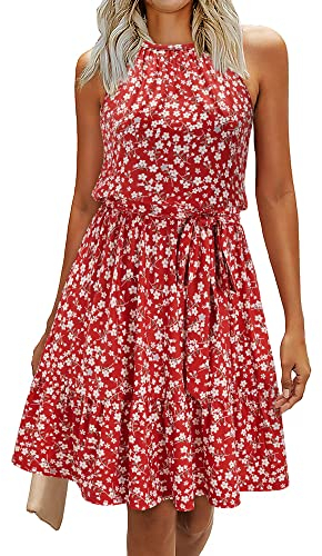 Newshows Sommerkleid Damen Knielang Elegant Kleid Neckholder Sommer Ärmellos Freizeitkleider mit Taschen(Floral-9, S)