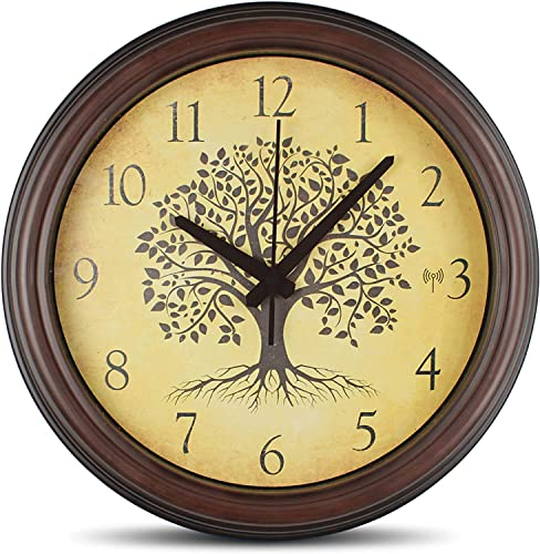 Fishtec Horloge Murale Arbre de Vie Ø 30,5 cm - Grands Chiffres- Radio Pilotée et Silencieuse sans Tic Tac - Moulure de Cadre - Cadran Effet Bois - Style Rétro Vintage