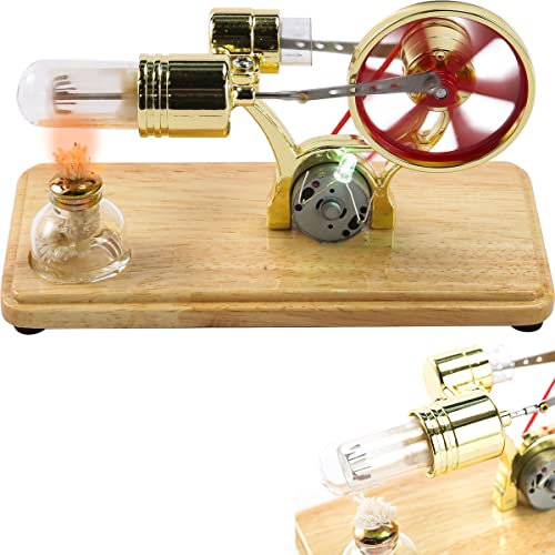 Muross Stirling Engine Motor Kit Steam Heat Electricity Power Generator with LED Light Educational Hot Air Stirling Engine Motor Model Learning Science Experiment Toys for Kids Students(golden)