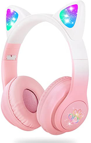 SENCU Wireless Headphones Kids, Cat Ear LED Light Up Foldable Kids Bluetooth Headphone,HD Stereo Sound Childrens Headphones Built in Microphone for PC/Phone/iPad/Study/Travel (gradient pink)