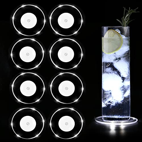 MEDOYOH Lot de 8 dessous de verre LED blancs froids pour boissons, bouton ON/OFF, sous-verres étanches, ronds, en acrylique, pour verres, bouteilles, fêtes, mariages, bar, Noël, pub