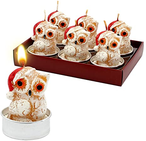 6er Set Teelicht Eule mit Weihnachtsmütze, Maße je Teelicht L/B/H: 4 x 4 x 6 cm.