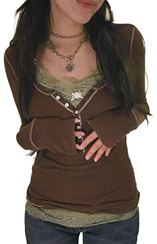Womens Long Sleeve Henley Tops Casual Button Up Tunic Blouse Ribbed Slim Fit Shirts Y2K Lace Patchwork Pullover Shirt Brown