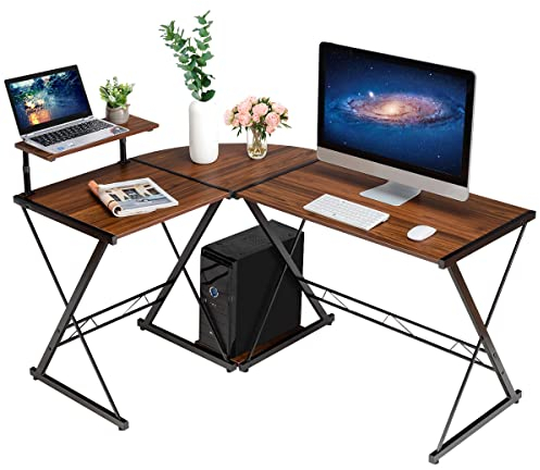 GIANTEX Computertisch L-Form, Schreibtisch Eckschreibtisch PC-Tisch mit Monitorständer & Ablagefach, Computerschreibtisch im Retro-Stil, Winkelschreibtisch Bürotisch Ecktisch für Büro (Braun)