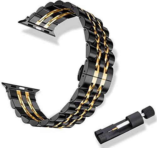 RoYiio Métal Bracelet pour Apple Watch 42mm 44mm 45mm 46mm 49mm Bracelet en Acier Inoxydable pour Bracelets Apple Watch Ultra 3/2, SE 3/2, Series 11/10/9/8/7/6/5/4/3/2/1 - Noir Or