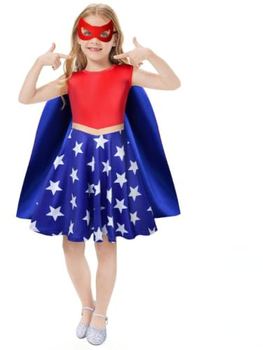 AOOWU Deguisement Enfant, Deguisement pour Fille, Costume de super-héros avec masque pour les yeux, Déguisement Classique, Costume pour Cosplay Costume Halloween Carnaval (120CM)