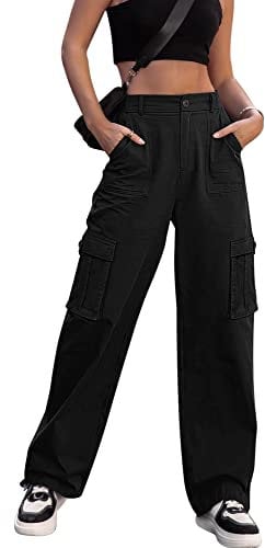 Dordanity Y2K Cargohose für Damen Baggy Hosen High Waist Wanderhose Baumwolle Arbeitshose mit Multi Taschen(Schwarz,XS)