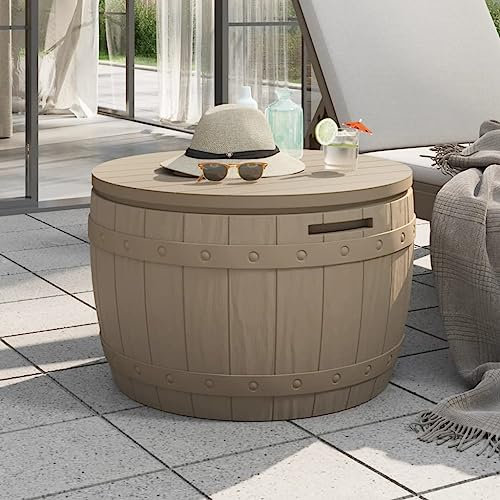 Canditree 3 In 1 Patio Round Deck Box, Garden Coffee Table with Storage, Outdoor Seating (Light Brown)