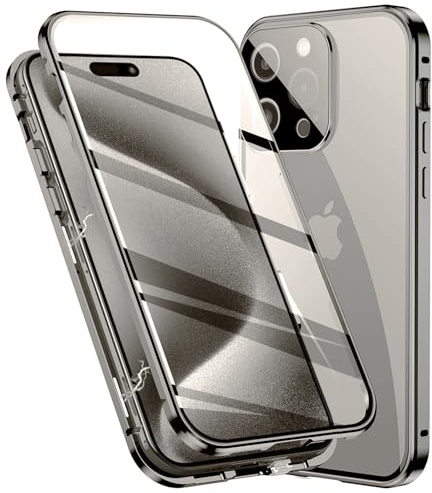 Colala Case for iPhone 15 Pro Magnetic Cover Magnetic Adsorption Technology Metal Frame Case Aluminum [Front and Back 9H Tempered Glass] 360° Full Protection Ultra Slim Case - Gray
