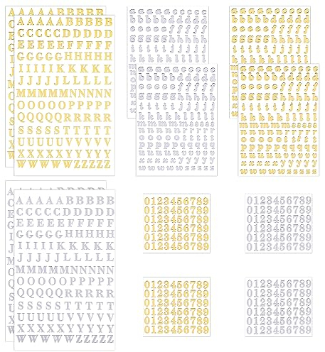 12 Blätter Glitzer Buchstaben Aufkleber Wasserfeste Zahlen Aufkleber Alphabet Buchstaben Nummer Aufkleber Grußkarte Glitter Glitter Zahlen Aufkleber Selbstklebend DIY Alphabet Etiketten (Gold, Silber)