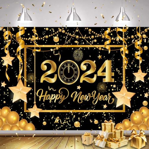 AOLOA 2024 Neujahr Banner, Extra Große 2024 Happy New Year Banner, Schwarz Gold 2024 Silvester Deko, Neues Jahr Schild Poster Hintergrund Dekorationen für Neujahrsdeko Silvesterparty Drinnen Draußen