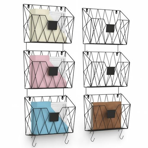 Organiseur mural à 6 poches en maille pour dossiers suspendus - Support mural pour bureau - Rangement mural de documents - Porte-revues en métal avec crochets pour la maison et l'école - Noir
