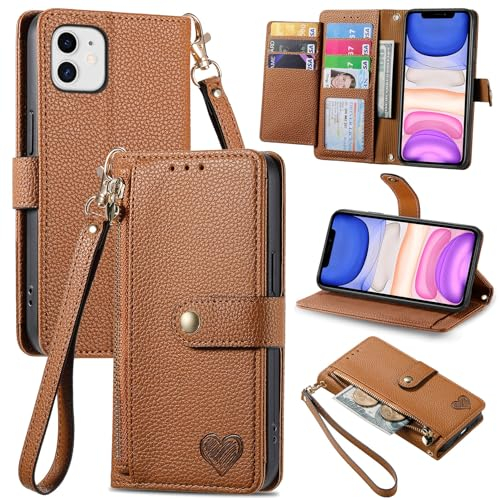 VEEMOS Zipper Wallet Case for Apple iPhone 11 Phone Case with Purse Card Holders RFID Blocking Leather Flip Case Book Cover Wrist Strap Women - Brown